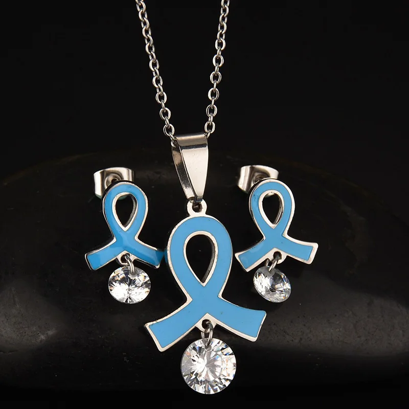 New Enamel Jewelry Breast Cancer Awareness Blue Ribbon Jewelry Set