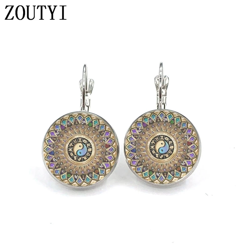 

New/Gam om symbol Zen Buddhism handmade Indian style pattern, convex glass inlay earrings, women wear jewelry.