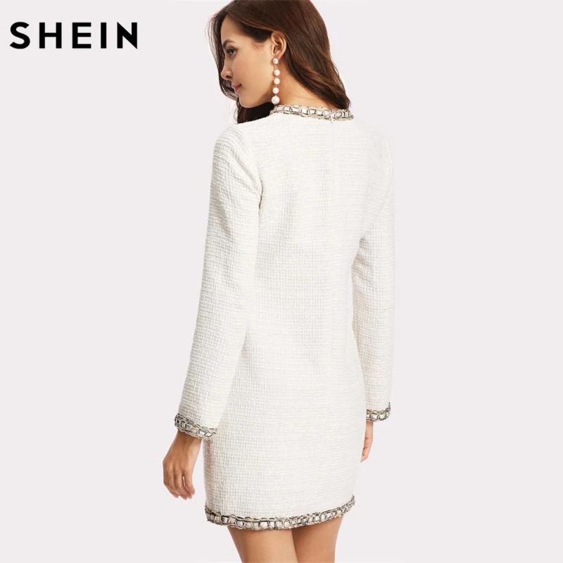SHEIN العمل النساء اللباس الشتاء جولة الرقبة Whipstitch تقليم أنيقة تويد اللباس أبيض طويل الأكمام جيوب مستقيم اللباس