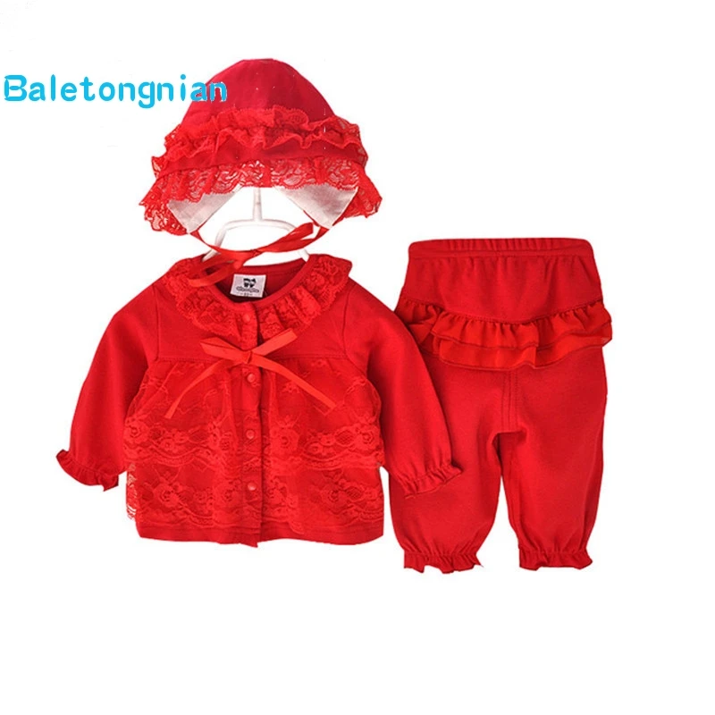 

3 Pcs Cute Newborn Baby Girl Clothes Set Infant Baby Girls Clothing Lace Cardigan+Long Pant+Cap Hat Set D17