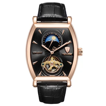 

TEVISE Mechanical Watch Men Fashion Steel Tourbillon Automatic Mechanical Auto Date Moon Phase Leather Watch Waterproof Clock