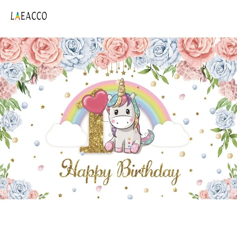 

Laeacco Baby 1st Birthday Unicorn Party Rainbow Flowers Photocall Poster Family Shoot Photo Backdrops Photography Backgrounds