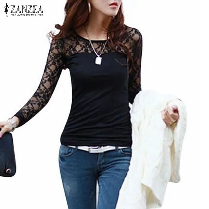 

Blusas Femininas 2015 Spring Autumn Womens Fashion Sexy Slim Shirt Tops Lace Long Sleeve O-Neck Leisure Blouse Black/White S-2XL