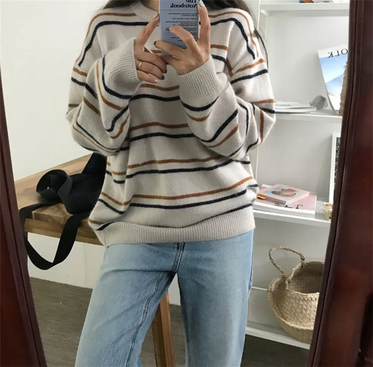 Пуловеры Для женщин Мягкие осенние свитера с круглым вырезом Chic топы на каждый день Женский пуловер Сладкий Студент полосатый Harajuku