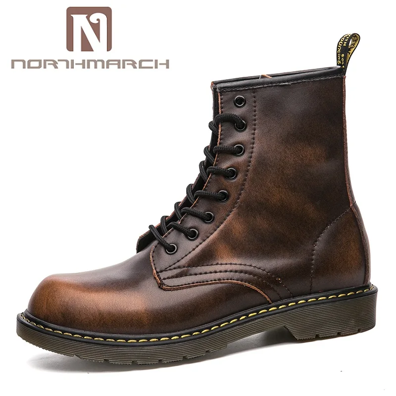 

New Cowhide Leather Spring Autumn Lace-Up Ankle Boots High Top Martin Motorcycle Non-Slip Rubber Boots Bota Masculina Couro
