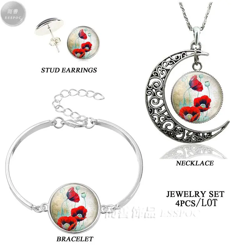 

Red Poppy Glass Cabochon Jewelry Set Poppy Pattern Silver Plated Necklace & Earrings & Bracelet Fashion Women 4 PCS Jewelery Set