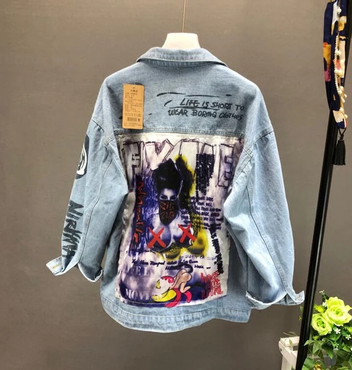 Denim Autocollant Manteau Jeans 2019 En Cowboy Sac Graffiti Femmes Kelly De Veste Étudiant Impression Pu À Ciel Manches Longues Vestes Lâche qngx7Unw