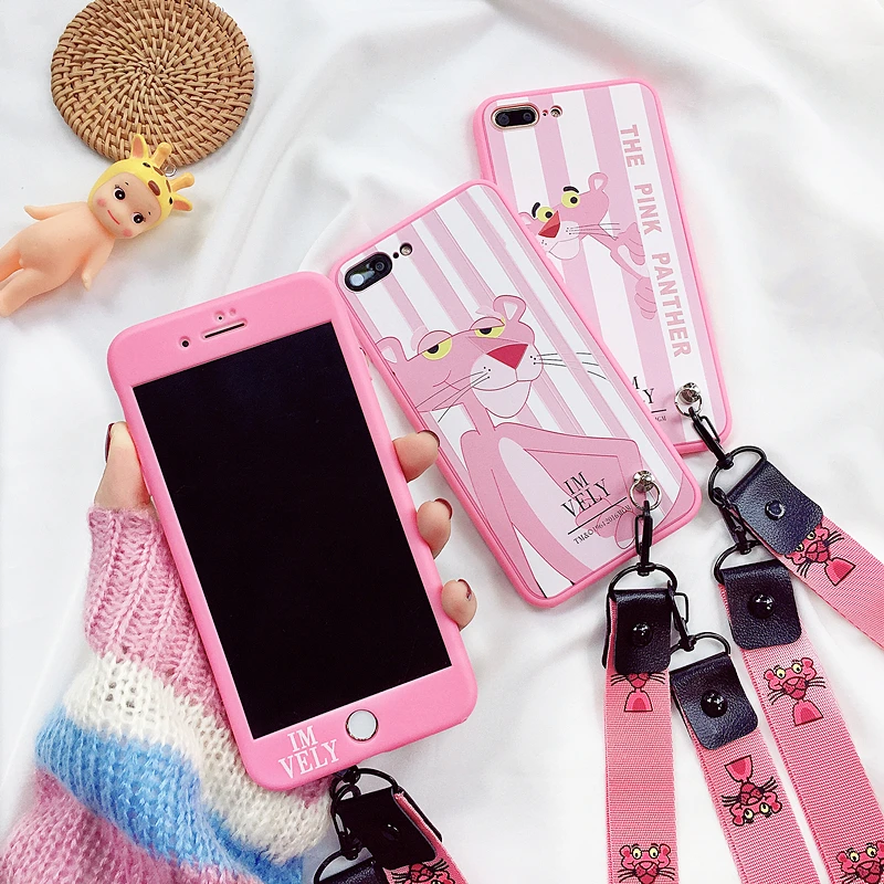 

For iphone 7 7plus Pink panther case, Cute Front + Back 360 Soft Cover case for iphone X 6 6S 6S plus 8 8plus Fudas + strap
