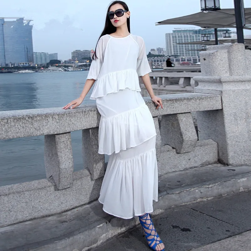 Zomer elegante Dames O-hals half-seleeve taart jurk maxi Lange losse chiffon jurken met slagen Aanpassen plus size Zomer elegante Dames O-hals half-seleeve taart jurk maxi Lange losse chiffon jurken met slagen Aanpassen plus size