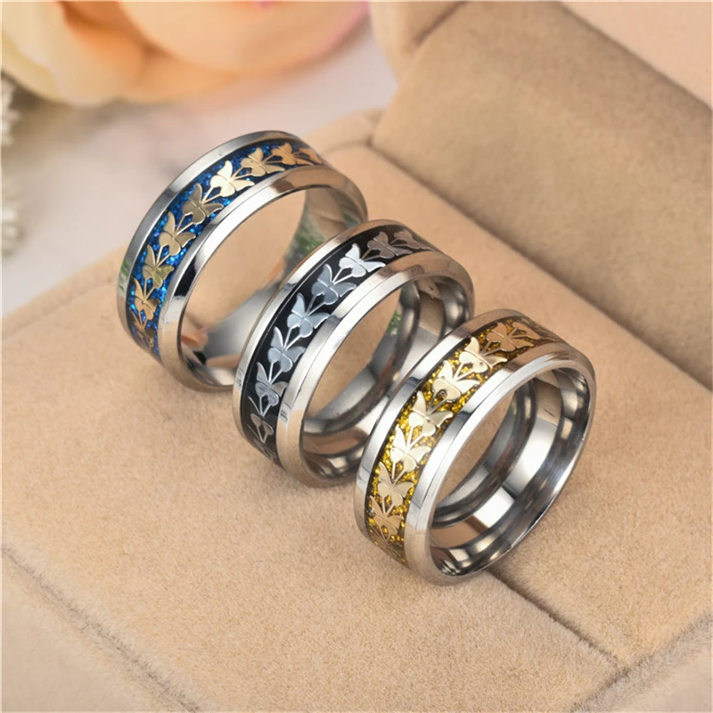 ROMAD Fashion Butterfly Rings for Women/Men Stainless Steel Jewelry 8mm Blue/Gold/Black Personality Wedding Ring Size 6-13 R4