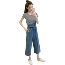 Летние джинсовые комбинезоны с тонким ремешком, женские укороченные с высокой талией, широкие джинсы с бантом, свободные женские подтяжки