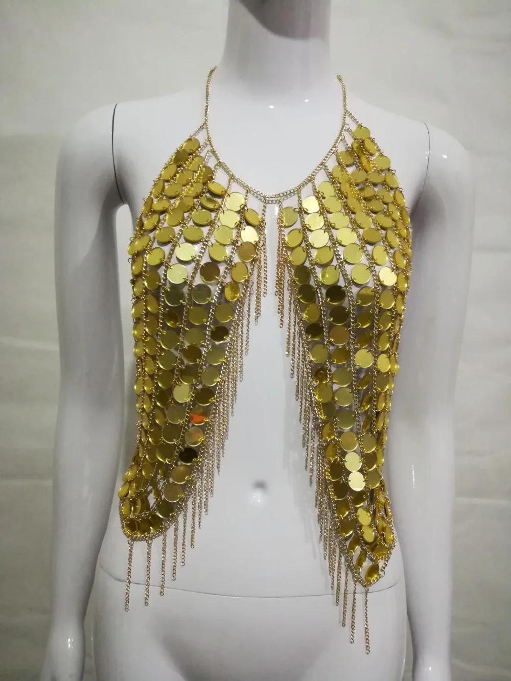 New Fashion Style WRB964 Sexy Acrylic Mesh Chainmail Backless Crop Top Halter Necklace Beach Metallic Bra Bikini Wear Jewelry black crochet halter self tie crop top