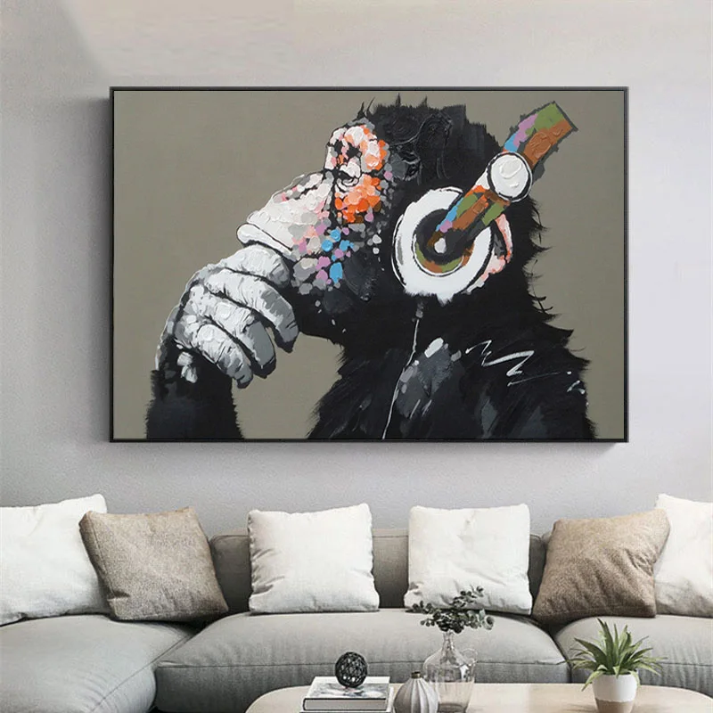 

Animal Posters Funny Monkey Canvas Print Painting Modern Thinking Monkey with Headphone Wall Art Living Room Decorative Pictures