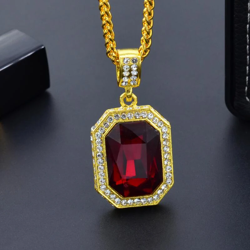 Модное квадратное красное ожерелье с большим кристаллом, персонализированные мужские Стразы в стиле панк, длинная цепочка, золотое ожерелье с подвеской, хип-хоп ювелирные изделия