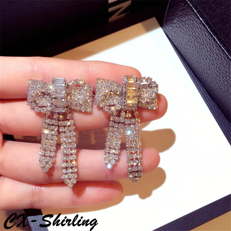 CX-Shirling новые модные серебряные серьги-гвоздики с иглой женские серьги роскошный тренд серьги со стразами и бантом женские ювелирные украшения