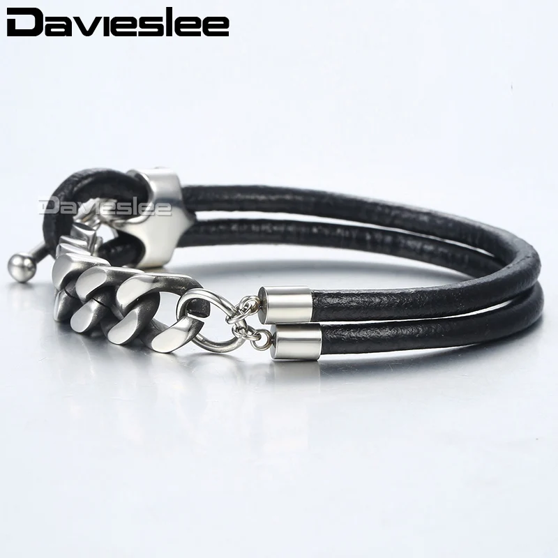 

Davieslee Black Zirconia Charm Mens Leather Bracelet Gunmetal Stainless Steel Cuban Link Chain Bracelets For Men 2018 LDLB75