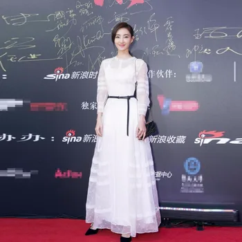 

Women Fashion Celebrity Style Ultra Long Patchwork Lace Long Sleeve Dress Ladies Elegant Extra Long White Dress