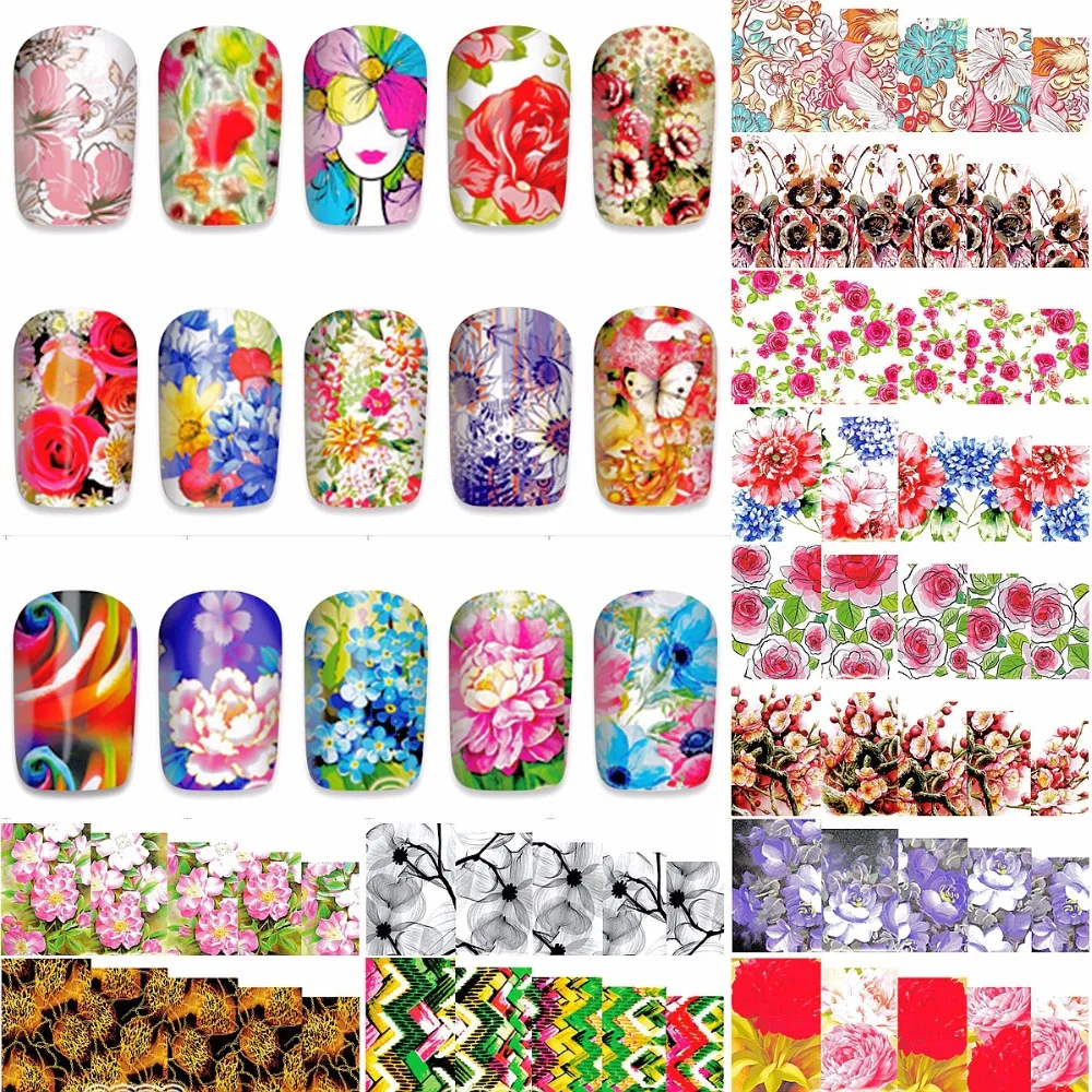 12 Sheets Flowers Nail Art Decorations Sticker Water Decals Nails Sticker Art Transfer Foil