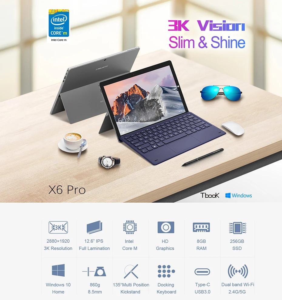 Teclast X6 Pro 2 в 1 планшет 8 ГБ ОЗУ 256 ГБ SSD 12,6 дюймов 1920*2880 FHD ips Intel M3-7Y30 Windows 10 сенсорный экран планшет USB3.0