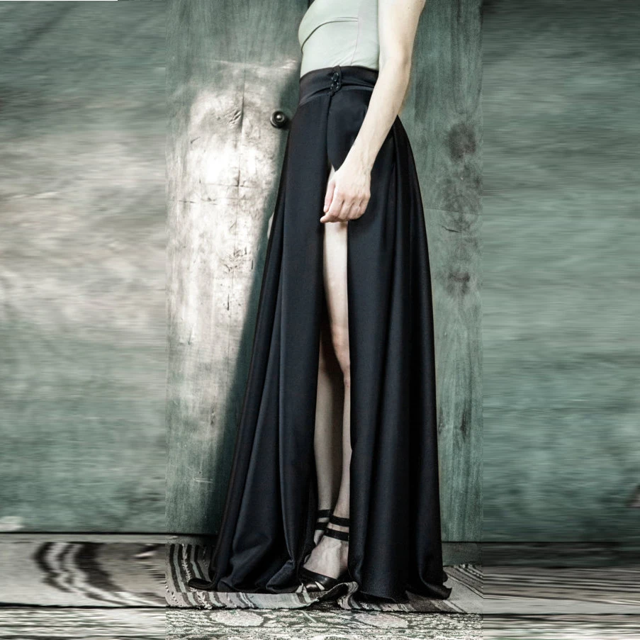 Sexy Side High Slit Skirt Nature Waistline A Line Floor Length Full Maxi Skirt Pleated Elegant Black Skirts Women Personalized