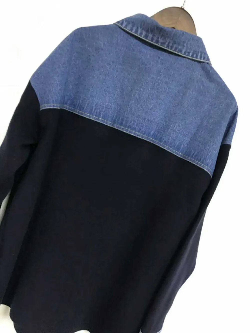 Новинка весны, женская джинсовая однобортная Свободная блуза с отложным воротником и длинным рукавом в стиле пэчворк