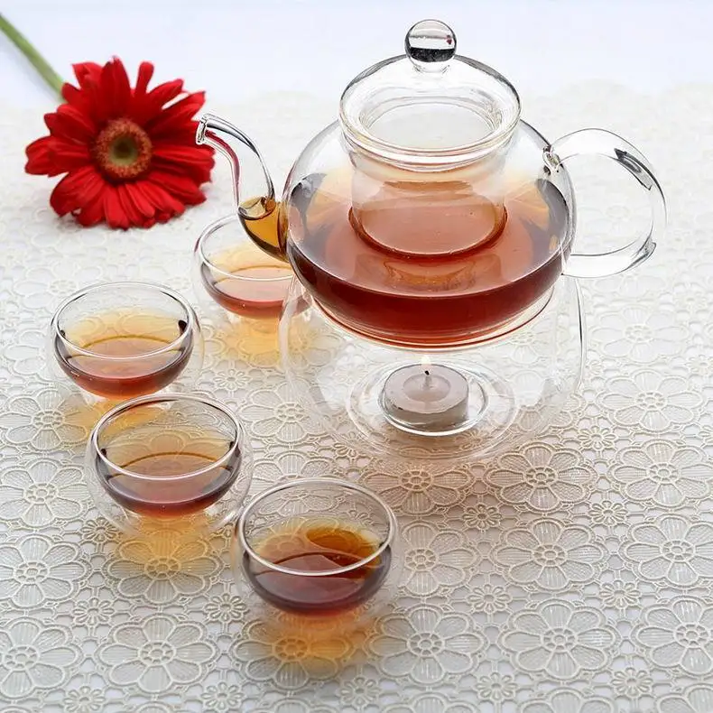 

Chinese Gongfu Tea set Glass Teapot 600ml +Filter +Candle Warmer + 4 x double wall tea cups 50ml Heart Resistant Home Party