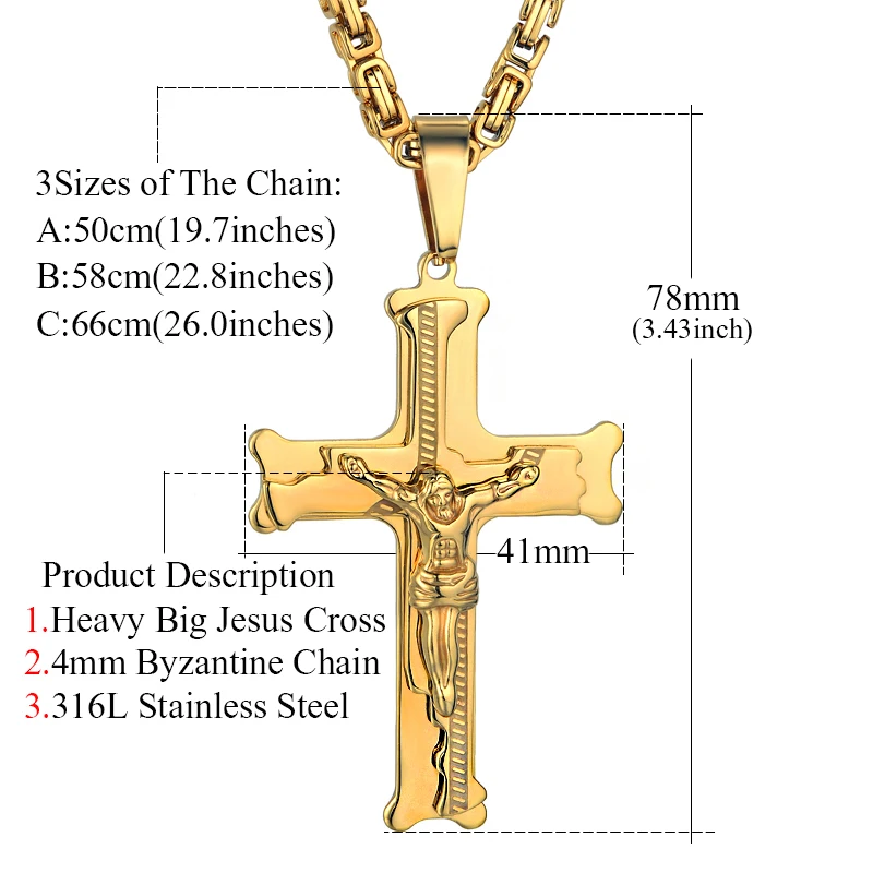 Нержавеющая сталь Мужская Византийская цепочка и кулон, 2" 23" 2" мужские золотые ожерелья с крестом Иисуса, кулон для мужчин