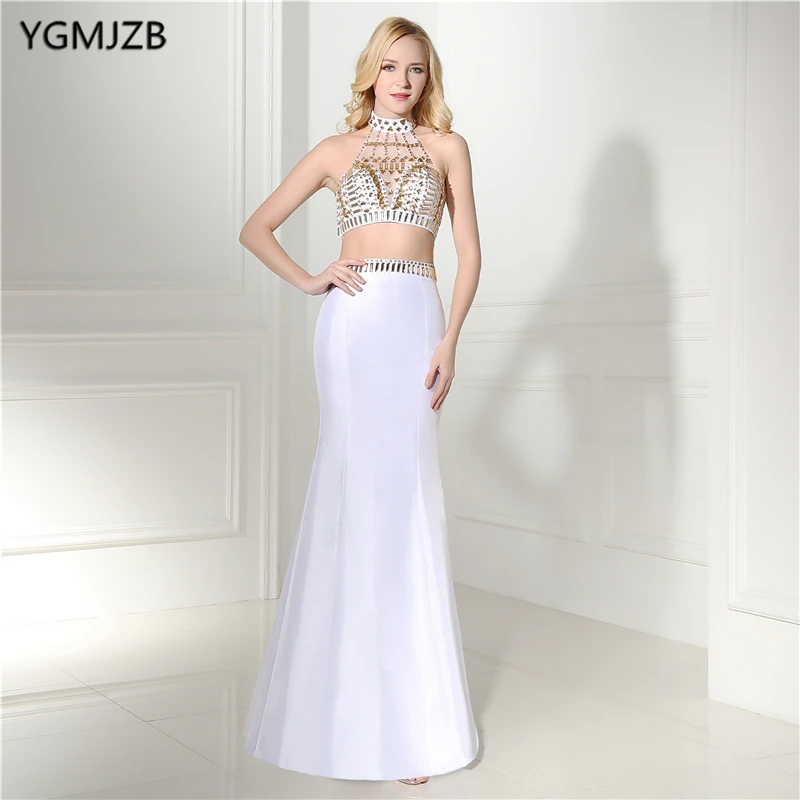 

Sexy White Evening Dresses Long 2018 Mermaid Beaded Crystal 2 Pieces Prom Dress Women Formal Prom Evening Gown Abendkleider