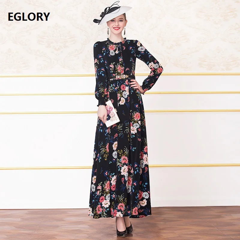 

Plus Size Long Dress 2019 Autumn Fashion Evening Vestidos Women Vintage Flower Print Beading Button Long Sleeve Dress Maxi XXXL