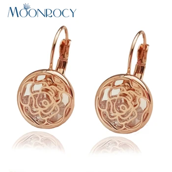 

MOONROCY Free Shipping Cubic Zirconia Fashion Jewelry Wholesale Flower Rose Gold Color Crystal Earrings Drop Women's Gift