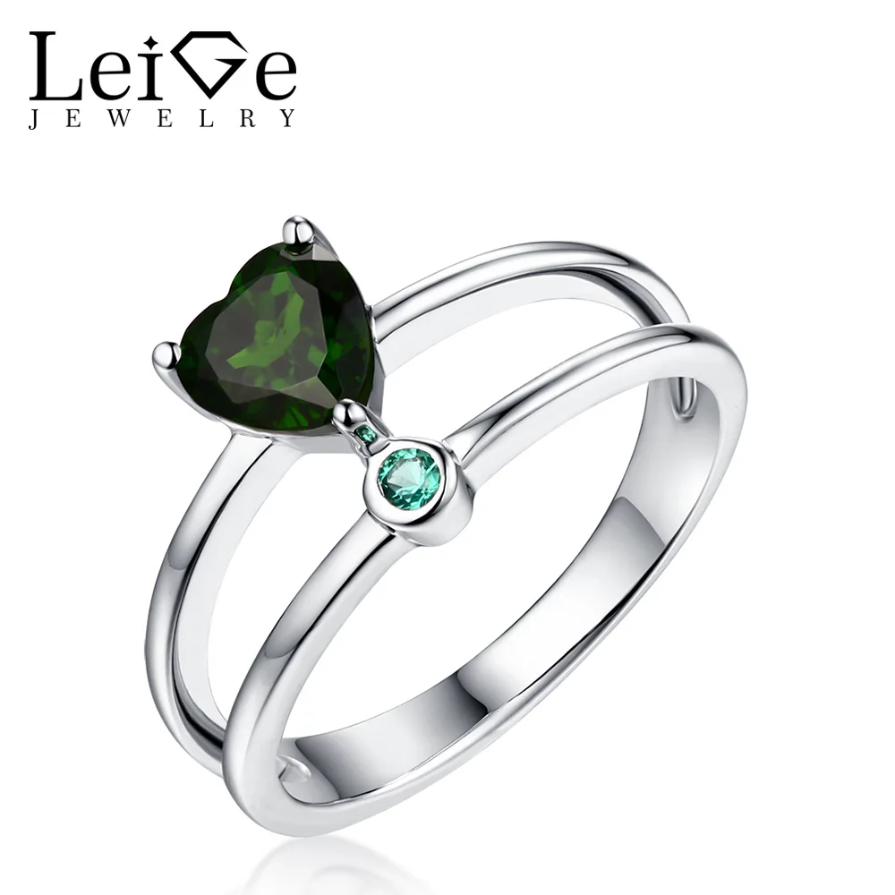 Leige Jewelry Green Natural Diopside Ring Double Band Gemstone Heart Cut Sterling Silver Wedding