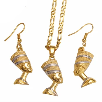 

Two Tone African Jewelry Party Sets Pendant Necklace Earrings for Egyptian Women Men Egypt Nefertiti Queen Portrait #J0932