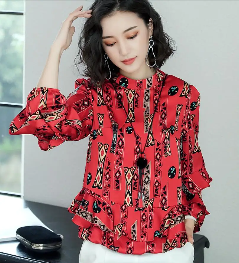 Шифоновая рубашка Женская Осень новая весенняя корейская модная одежда модные гофрированные Цветочные Топы элегантные женские блузки Топы - Цвет: Красный