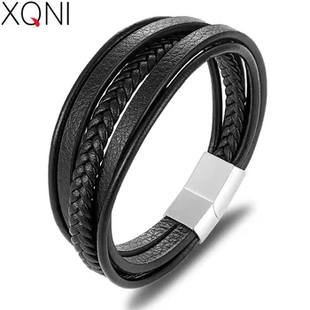 

XQNI 19/21/23CM Genuine Leather Bracelet Black & Brown Color with Stainless Steel Buckle Easy Hook Bangle For Cool Boys Gift