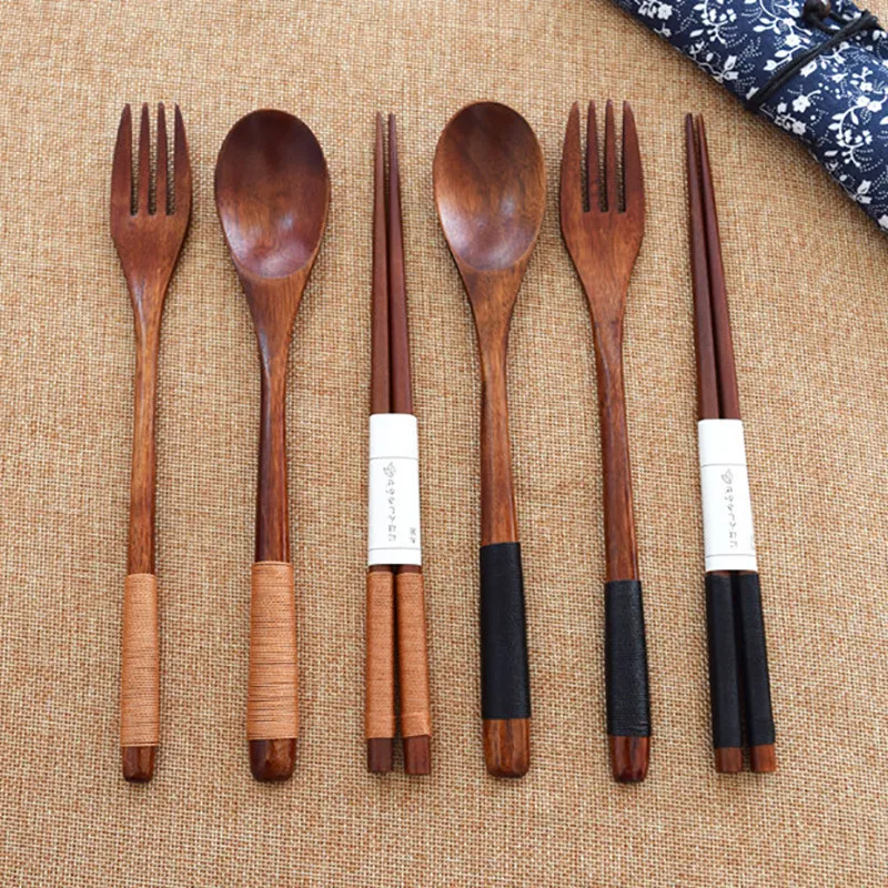 Wood Portable Tableware Wooden Cutlery Sets Travel Dinnerware Suit Environmental Cloth Pack Gift
