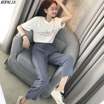

Women's Fashion Short Sleeves O-Neck Letter Print Top And Waist+Drawstring Ankle-Length Striped Print Pants 2 Pieces Set