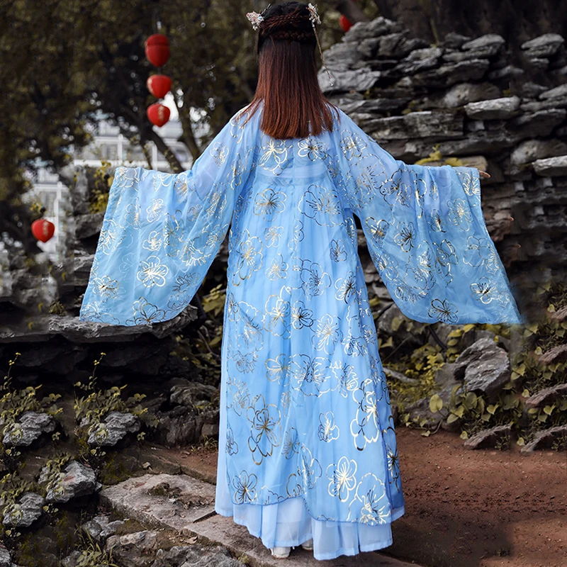 Синий Hanfu Женский костюм для китайского традиционного танца Костюм Восточный карнавальный наряд сказочное платье народная сценическая одежда DF1006