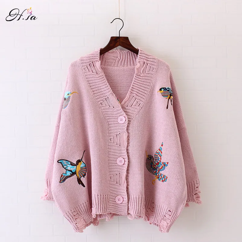 HSA 2017 Spring Cardigans for Women Knitted Birds Embroidery Poncho