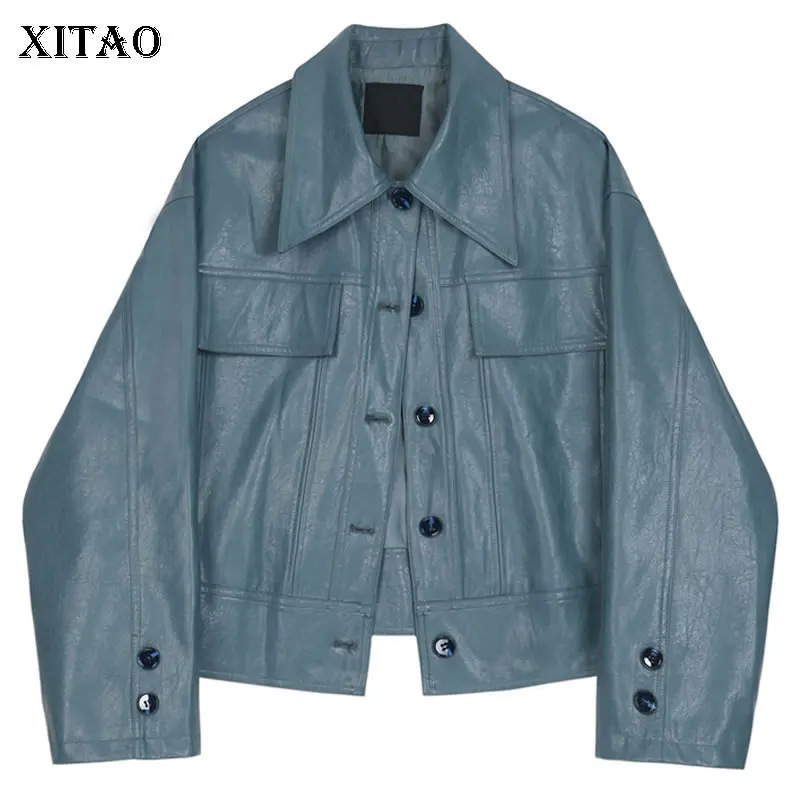 

XITAO Tide Match All Blue Pu Jacket Women Clothes 2019 Faux Leather Coat Pocket Single Breasted Turn Down Collar Autumn WQR1262