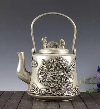 

China collection archaize white copper phoenix teapot craft statue