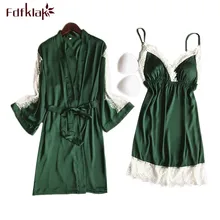 Fadklak Шелковый ночное платье комплект для женщин халат атласные пижамы пикантные кружевное нижнее белье халаты сезон: весна-летн