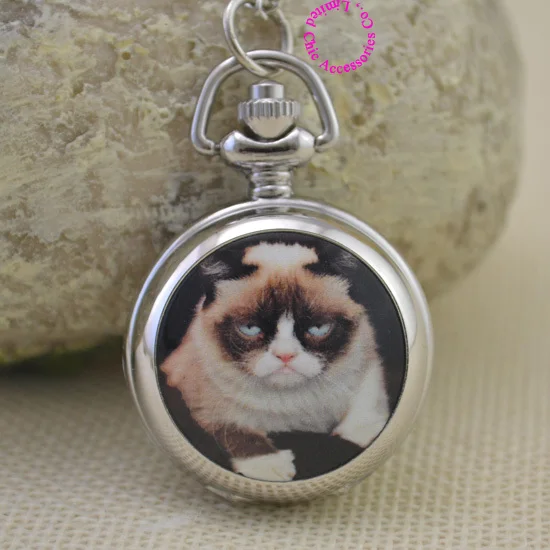 

silver funny cute cartoon picture Grumpy Cat fob pocket watch necklace women fun girl lady child new fashion antibrittle gift