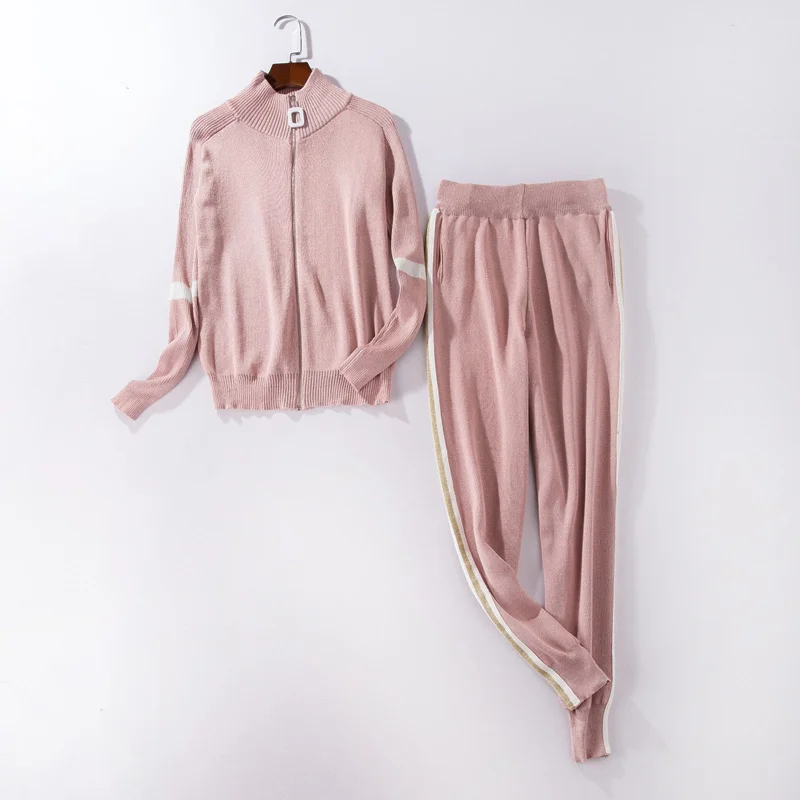Women Tracksuit 2018 Autumn Casual Turtleneck Knit Sportwear Long Sleeve 2 Piece Pants Sets Stripe Knitting Suits Women
