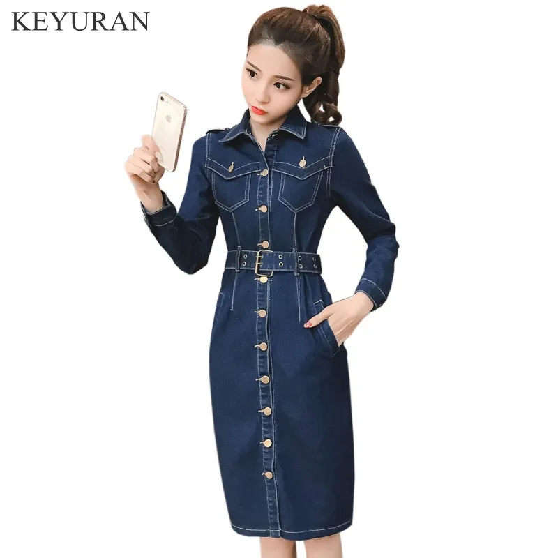 

Plus Size 2XL Jean Dresses Summer Single-breasted Women long Sleeve Denim Dress Lady Casual Club Bodycon Jeans Dresses with belt