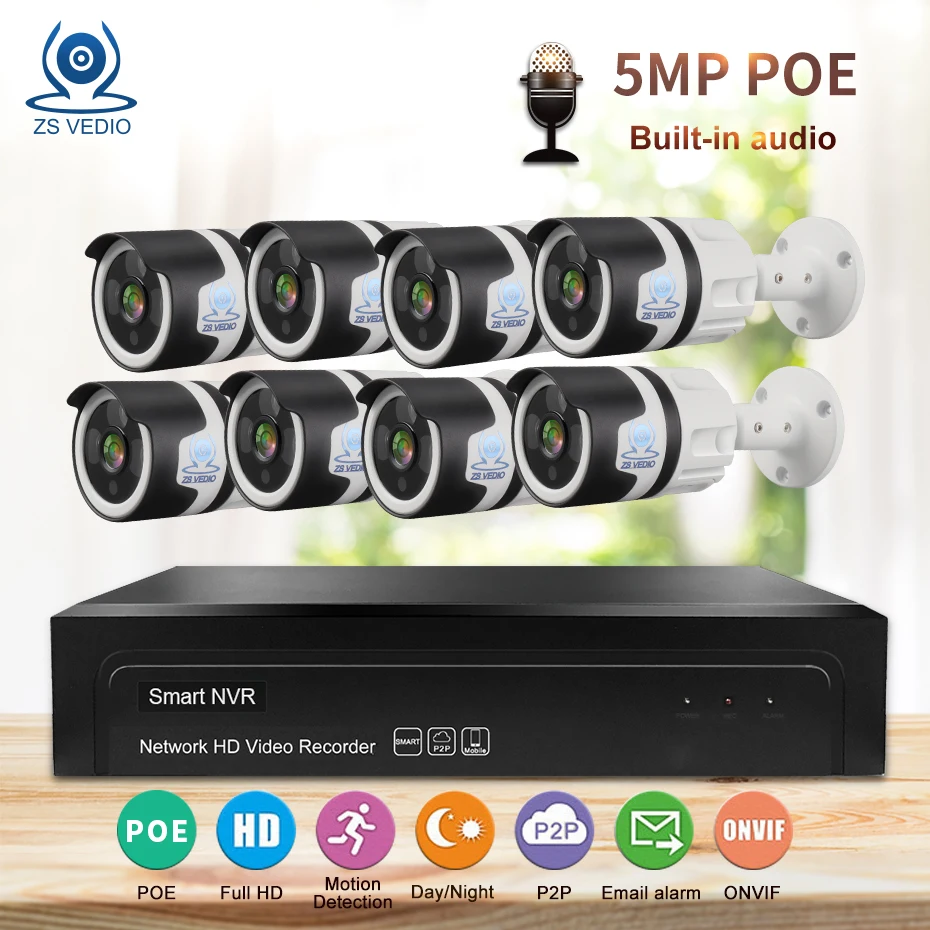 

ZSVEDIO 5MP Two-way audio POE Kit H.265 System CCTV Security 8ch NVR IP Camera Outdoor Waterproof Set E-mail P2P