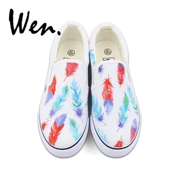 

Wen Original Slip on Platform Sneakers Design Colorful Feathers Hand Painted Canvas Shoes Women Low Top Vulcanized Shoes Flat