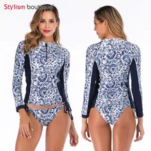 Спортивный топ с принтом женский купальник из 2 предметов с длинными рукавами Рашгард для серфинга раздельный купальник лоскутный купальный костюм
