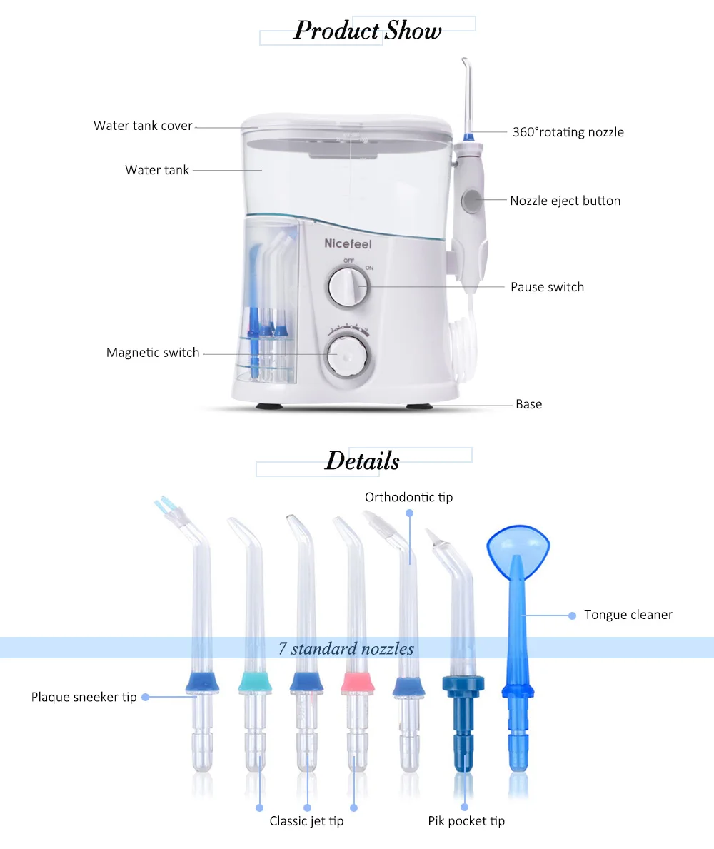 Nicefeel 1000 мл водный зубной Флоссер, Электрический ирригатор для полости рта, уход за зубами, зубная щетка для воды, стоматологический спа с 7 наконечниками