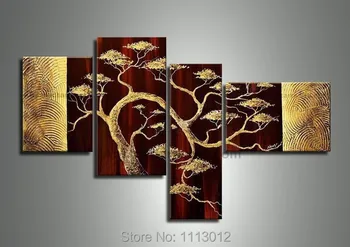 

New Abstract Knife Golden Pine Tree Oil Painting Hand Painted 4 Panel Arts Set Home Decor Modern Wall Picture For Living Room