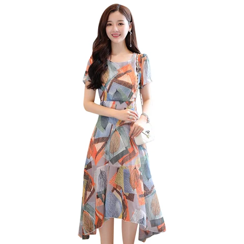 

Women Dress Newest Arrival Elegant Sweet A-line Print Short Sleeve O Neck Summer Chiffon Dress XHWS-028